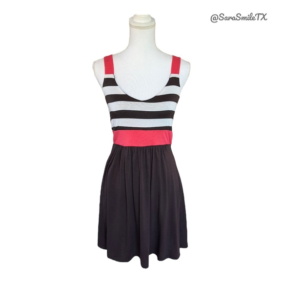C. GRAFFITI Pink Brown Striped Sleeveless Fit & Flare Summer Mini Dress - Picture 2 of 12